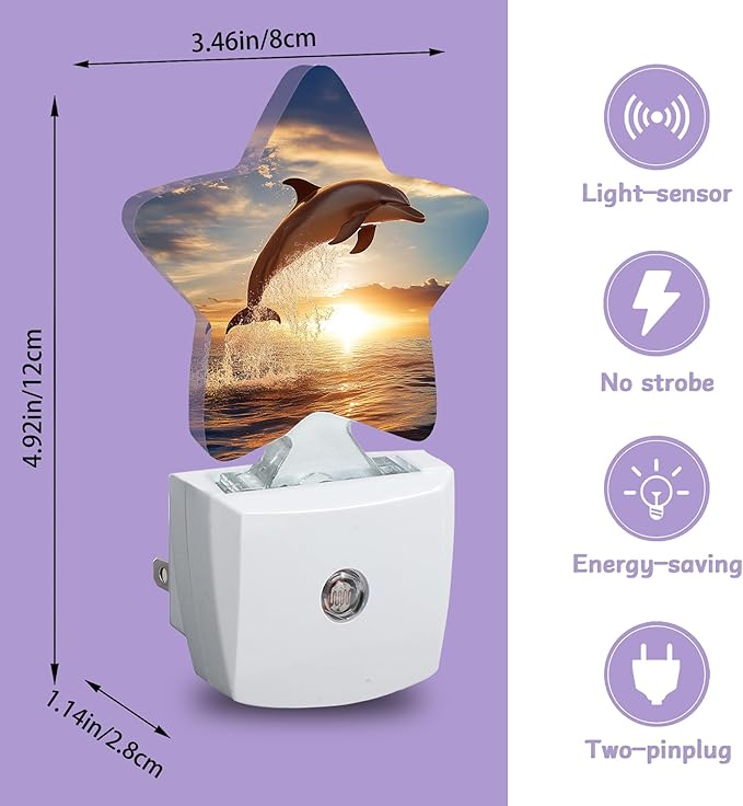 Dolphin Ocean Nightlights Plug in Wall,Sunset Decorative Star Lamp with Automatic Lighting for Living Space,Gentle Glow for Kids Room,Hallway,Bathroom
