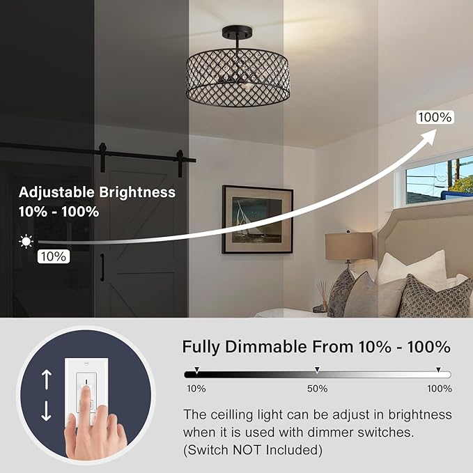Black Crystal Ceiling Light Fixture,Modern Semi Flush Mount Ceiling Lighting Fixture,Round Small Chandelier for Dining Room, Hallway, Entryway, Kitchen, Bedroom,Foyer,4 Light,15.7 inch
