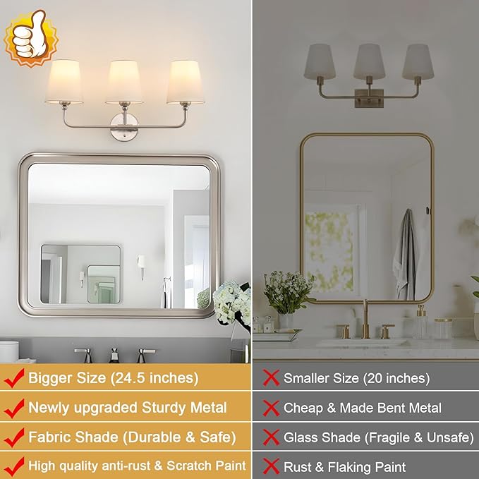 Bathroom Light Fixtures, 3-Light Brushed Nickel Vanity Lights, 24.5" Bathroom Lighting Fixtures Over Mirror with White Fabric Shade, Modern Wall Sconces for Bedroom Living Room Hallway