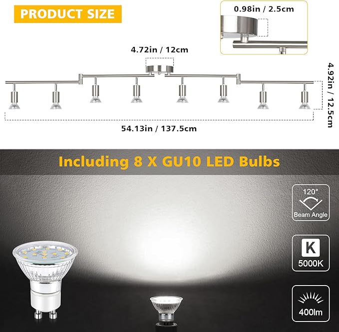 Unicozin LED Track Lighting Kit, 54.13'' Matt Nickel 8 Way Ceiling Spot Lighting, Flexibly Rotatable Light Head, Modern Track Light Included 8 x LED GU10 Bulb (4W, Daylight White, 400LM)
