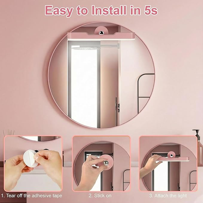 Benreom Wireless Vanity Lights for Mirror, Rechargeable Battery Operated Stick on Lamp, Adjustable Makeup Light, Cordless Magnetic LED Bar Renter Friendly Lighting Decor Gift, Pink