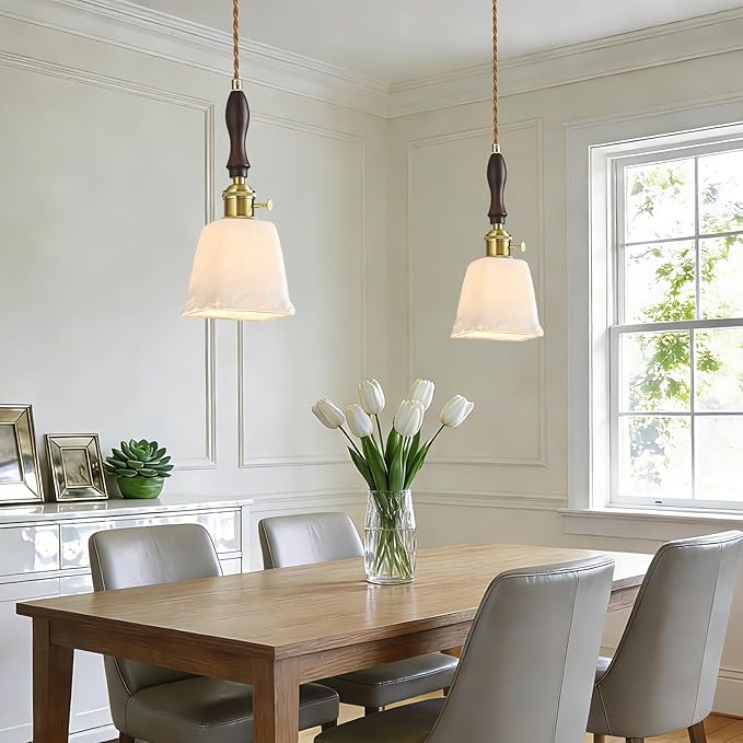 Mini Pendant Light Milky White Glass Pendant Lights Vintage Brass Pendant Lighting Kitchen Island Hanging Lamp with Wood Handle for Bedroom Dining Room (3 Pack)