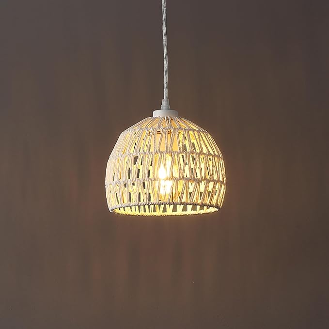 JONATHAN Y 8.25" Cream Modern Bohemian Woven Rope LED Pendant Light Fixture, Adjustable Dome Ceiling Lamp for Kitchen Island, Rope Shade, Coastal Farmhouse Decor (JYL6512C)