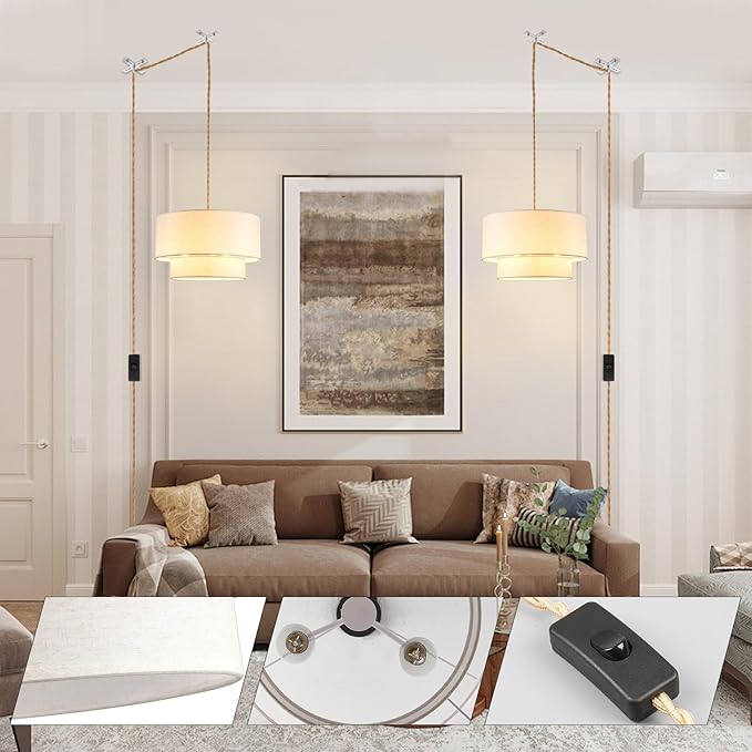 Plug in Pendant Light, 2-Tier Drum Linen Pendant Light with 15ft Hemp Rope Cord, E26 On/Off Switch, 18" Plug in Hanging Chandelier for Dining Room Kitchen, Includes Bulbs