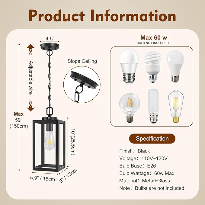 2 Pack 13" Dusk to Dawn Outdoor Pendant Light for Porch,Black Lantern Hanging Chandelier with Adjustable Chain, Anti-Rust Exterior Hanging Ceiling Fixture for Hallway,Front Door,Entryway Patio.