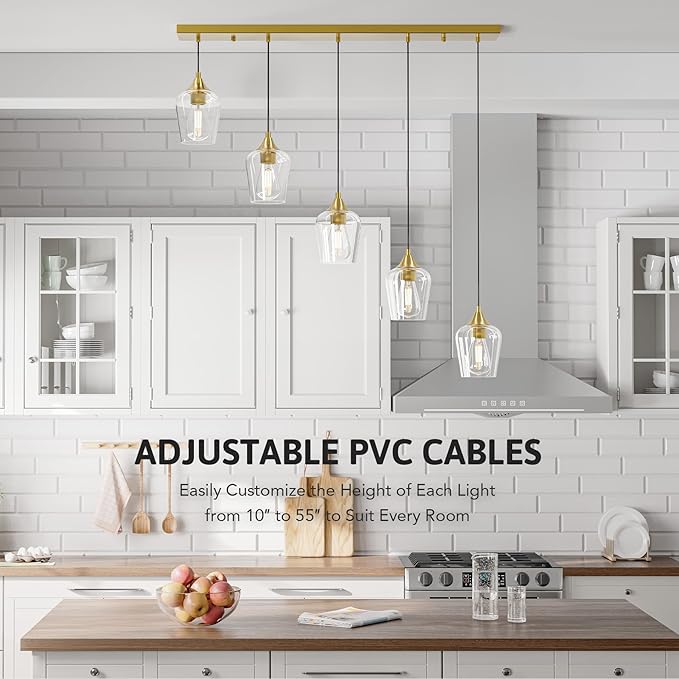 VONLUCE Pendant Lights Kitchen Island, Brushed Gold Pendant Light Fixtures with E26 Base & Adjustable Cable, Modern Pendant Lighting with Glass Shade for Living Room Bedroom Hallway, 5-Light