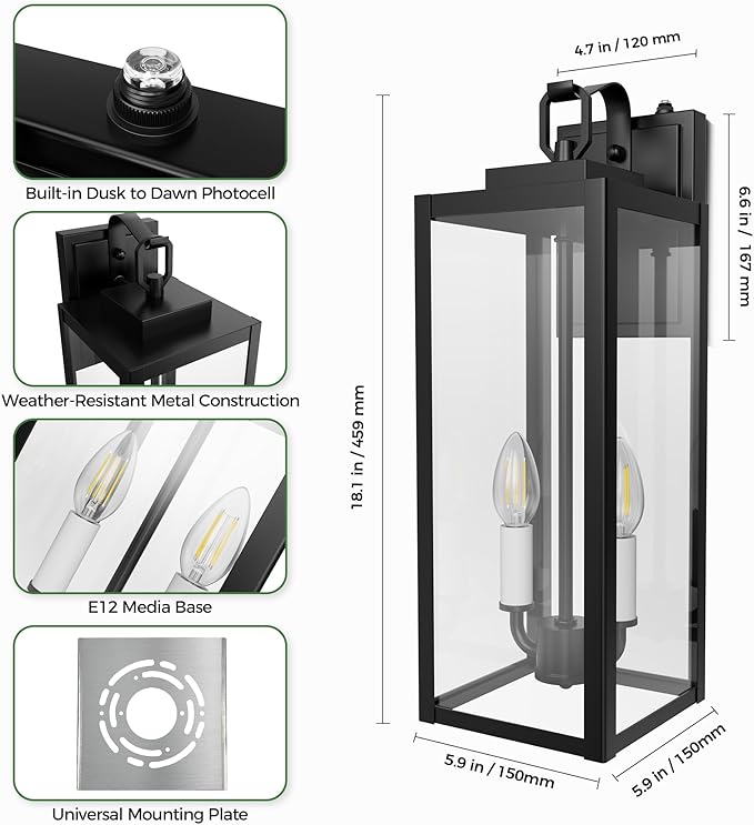 DORESshop 18" Dusk to Dawn Outdoor Wall Lights, 2-Light Black & White Outdoor Wall Sconce Lantern with Clear Glass, Tall Transitional Exterior Light Fixtures for Porch, Garage, ETL Listed, 2 Pack