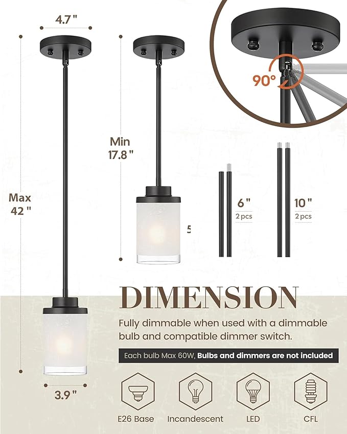 TENGXIN Modern Pendant Light, Matte Black Pendant Lights Kitchen Island,Farmhouse Pendant Lighting for Dining Room Bedroom Bar Office,TXPLBK01