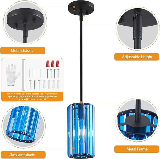 Modern Crystal Pendant Light Mini Dark Blue Chandeliers Adjustable Pendant Lights Fixture for Kitchen Island Dinning Room Corridor Bedroom(Dark Blue 1-Pack