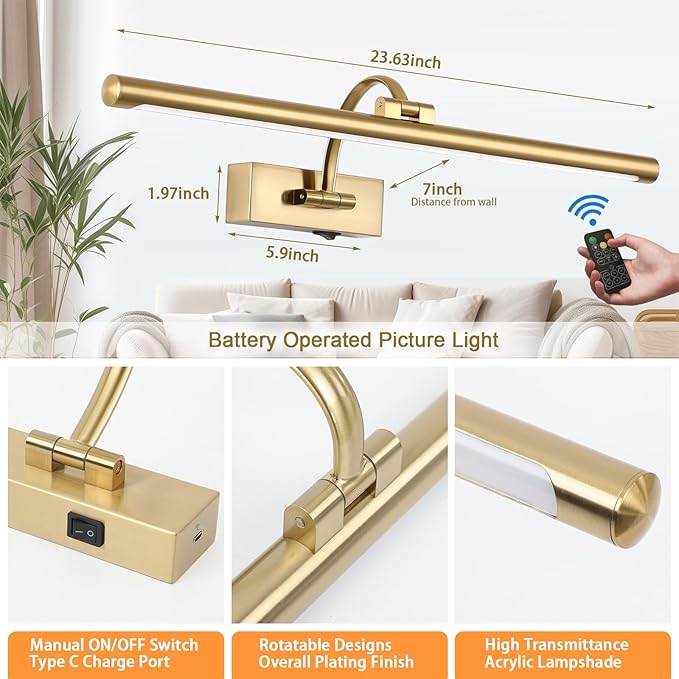 Tassuowell Picture Light Battery Operated with Remote, 3CCT Dimmable Picture Light for Paintings, Brass Rechargeable 24 inch Battery Operated Wall Sconce for Art Lighting Gallery Portrait Artwork