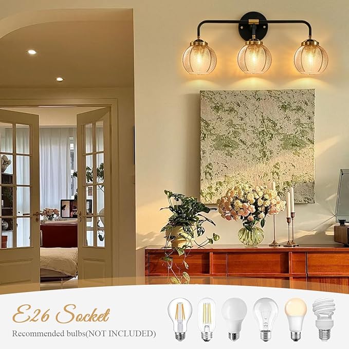 3 Light Glass Globe Wall Sconce Lights Amber Mid Century Modern Wall Light Fixtures Bathroom Vanity Lights with Ribbed Glass Shade Black Gold Wall Mount Lamp Over Mirror Bedroom