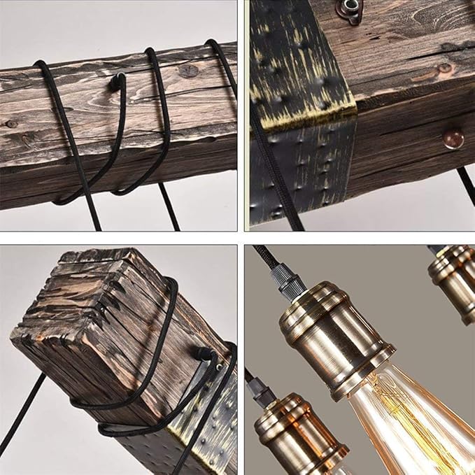 10-Lights Rustic Chandelier Wooden Retro Pendant Light Industrial Suspension Light Wood Chandelier -line can be Adjusted Freely