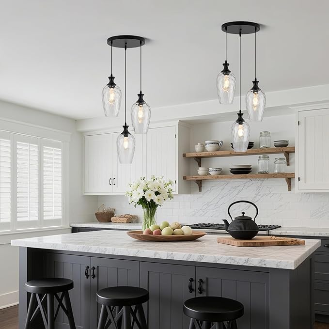 3-Light Pendant Lighting, Black Dining Room Chandelier Light Fixture Over Table with Hammered Glass, Modern Cluster Hanging Lights for Kitchen Island Sink, E26