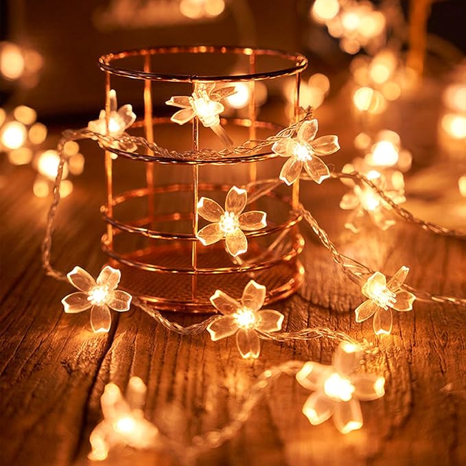 Battery & USB Lighted 10ft 30 LED Warm White Fairy Flower String Lights | Cute Cherry Blossom Fairy Lamp Decor For Indoor Outdoor Christmas, Valentine's Day, Halloween, Easter, Xmas Tree Hanging