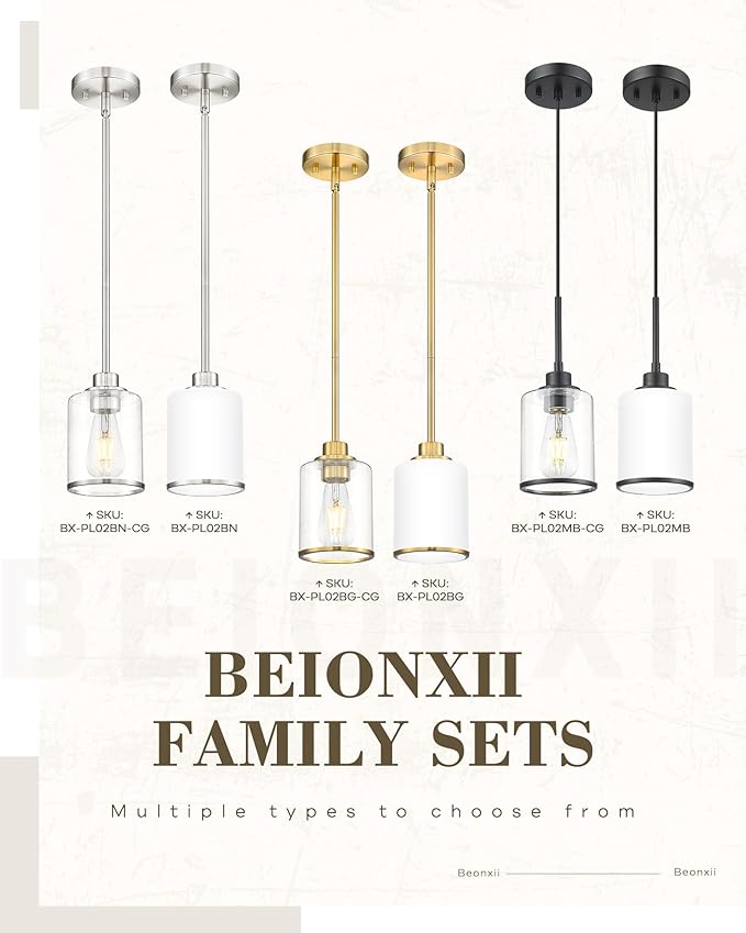 Beionxii Pendant Lights Kitchen Island, Modern Kitchen Pendant Lighting Over Island with Clear Glass, Matte Black Pendant Light Fixtures for Sink, Dining Room, Entryway, BX-PL02MB-CG