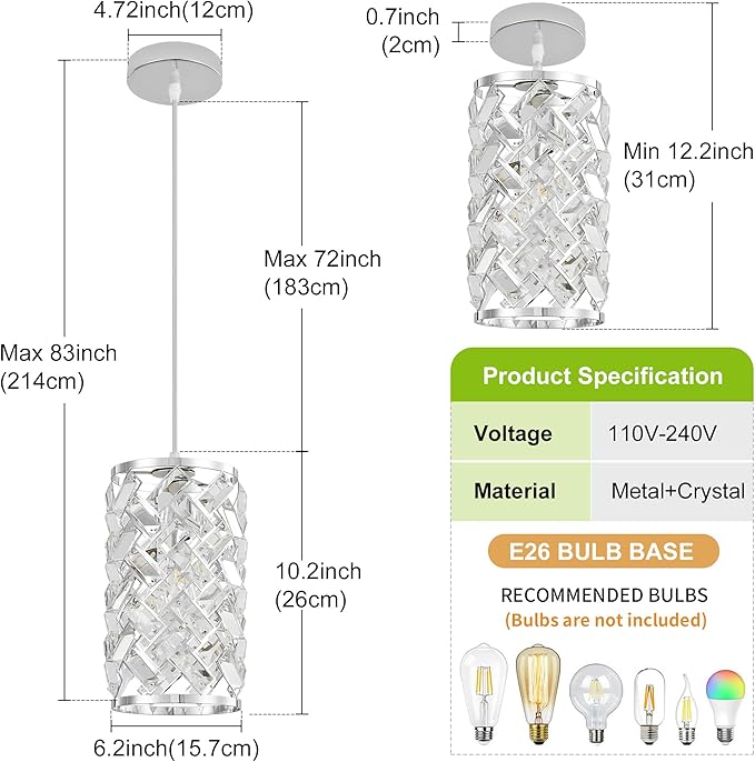 Biewalk Chrome Pendant Light Fixtures Modern Chrome Pendant Lighting Crystal Chandeliers Adjustable Pendant Light Fixture for Kitchen Island Dinning Room Corridor Bedroom