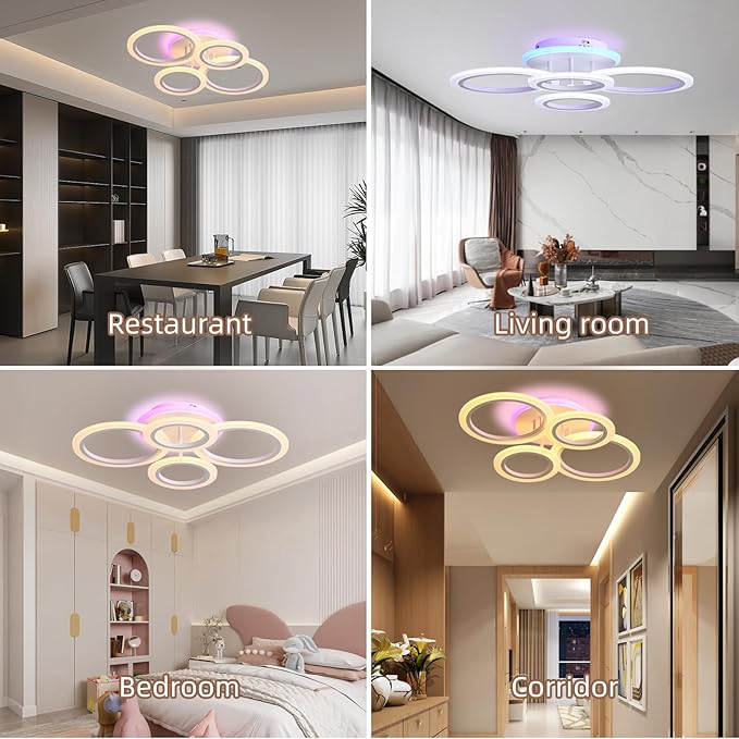Modern Flush Mount Ceiling Light, Dimmable 4 Rings Kitchen Light Fixture for Living Room, Bedroom, Laundry Room, 3000-6000K, White