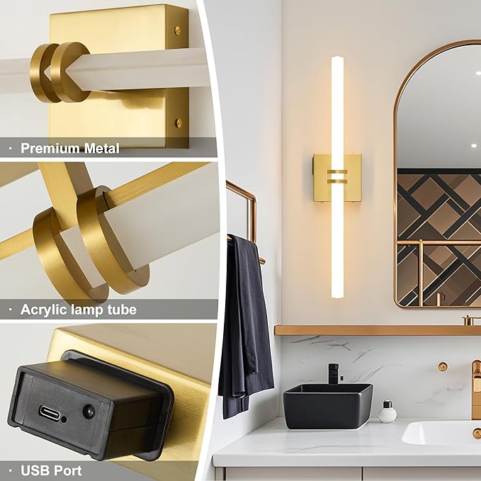 Battery Operated Wall Sconce 1Pack, Gold Rechargeable Wall Lights with Dimmable Remote Control, 22 Inch 3000K-6000K LED Wireless Wall Lamps for Bedroom, Hallway, Background Wall