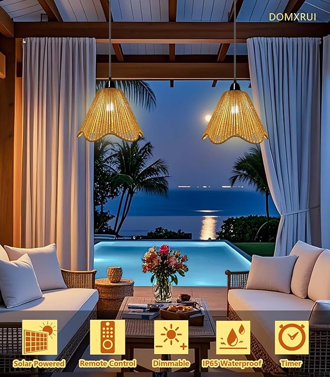 Solar Chandelier Outdoor Waterproof, Gazebo Lights Solar Powered with Remote Control, Boho Hanging Pendant Light for Porch, Patio, Pergola, Shed, Chicken Coop, Balcony(2 Lights)