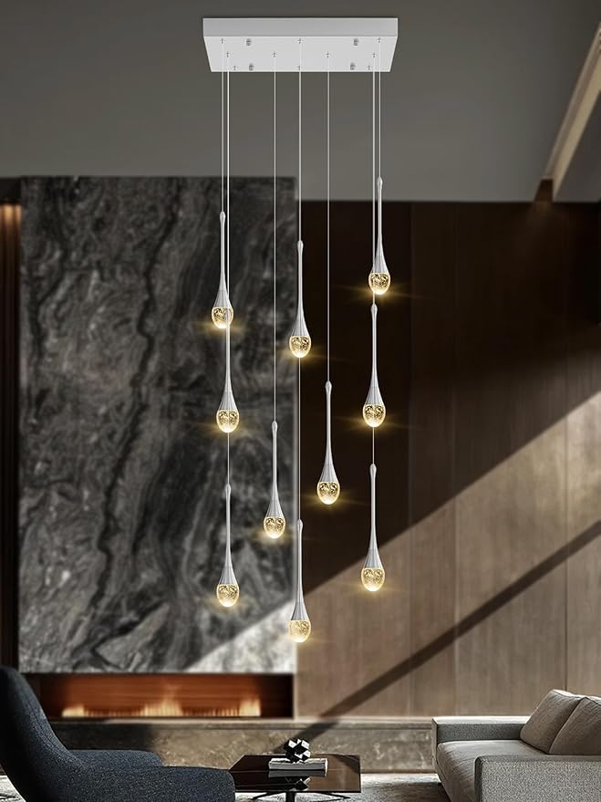 ykolupty Rectangular Chandeliers for Living Room Silver Dining Room Lights Fixture Raindrop Pendant Lights Kitchen Island Crystal Chandelier for Staircase Hallway Foyer Entryway