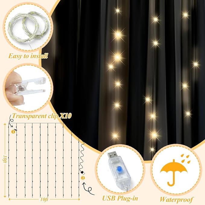 Ledido 2 Pack 10×10ft Black Tulle Backdrop Curtains with Lights String - 600LED Fairy Lights Sheer Curtain Backdrop for Wedding Baby Shower Photo Shoot Birthday Party Decoration(4 Panels 5×10ft)，Black