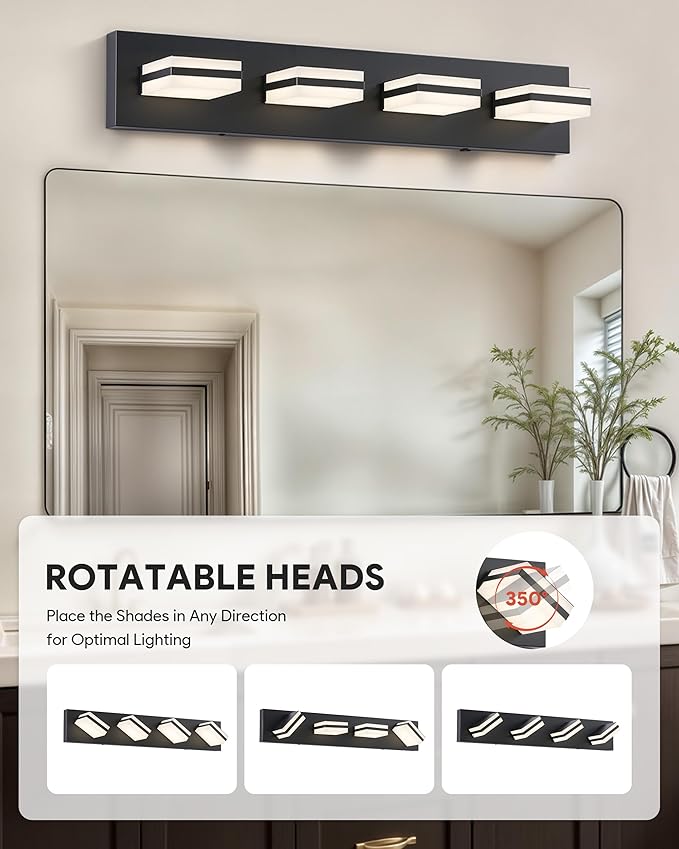 VONLUCE Bathroom Vanity Light Fixture, 4-Light Modern LED Vanity Light, 3CCT Adjustable Bathroom Lights with Memory Function Rotatable Shades, 26" Wall Lighting Fixture Over Mirror, Matte Black