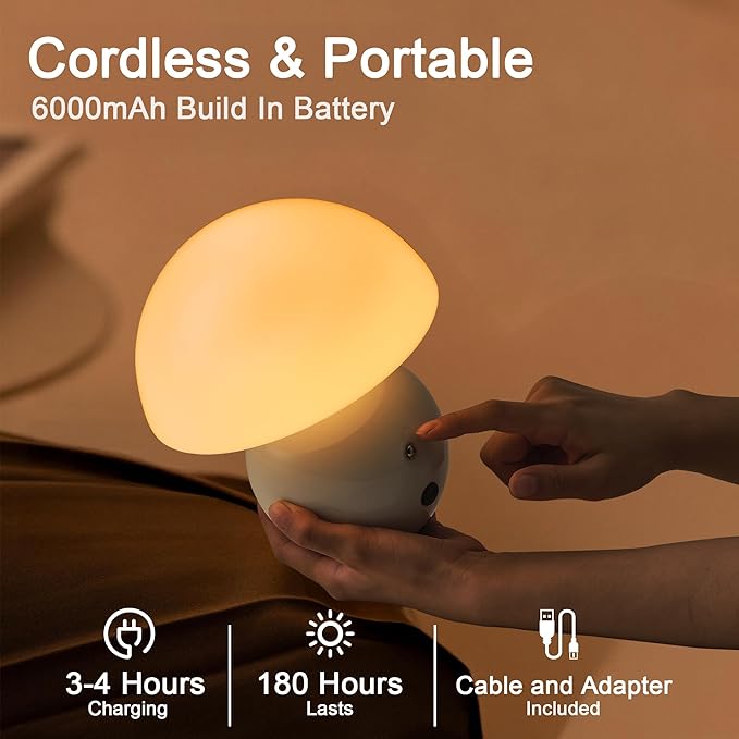 KARTOOSH Cordless Cute Mushroom Lamp with Remote Control, 9 RGB, Cordless Lamps for Tables, 3 Color Temperature, Stepless Dimmable, Timer, Memory, Unique Aesthetic Home Decor for Living Room (White)