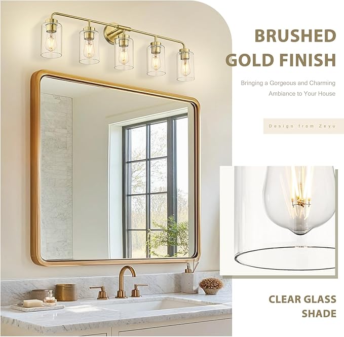 zeyu 5 Light Sconces Wall Lighting, 37 Inch Bathroom Vanity Light Fixtures, Brushed Gold Finish, Clear Glass Shade, ZS62B-5W BG