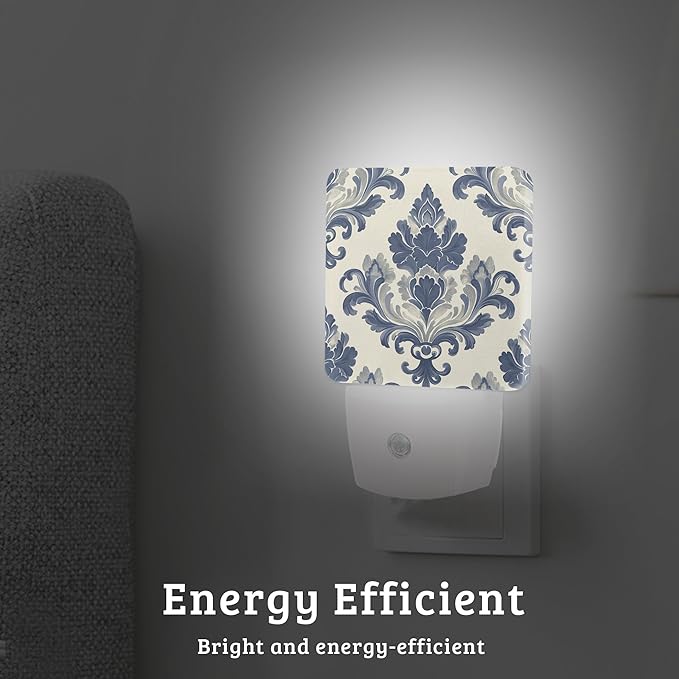 Vintage Blue Floral Night Light Plug Into Wall with Dusk to Dawn Sensor Wall Lamp, LED Nightlights for Bedroom, Bathroom, Kitchen, Hallway, Room Decorative for Boys Girls Women Men Gifts