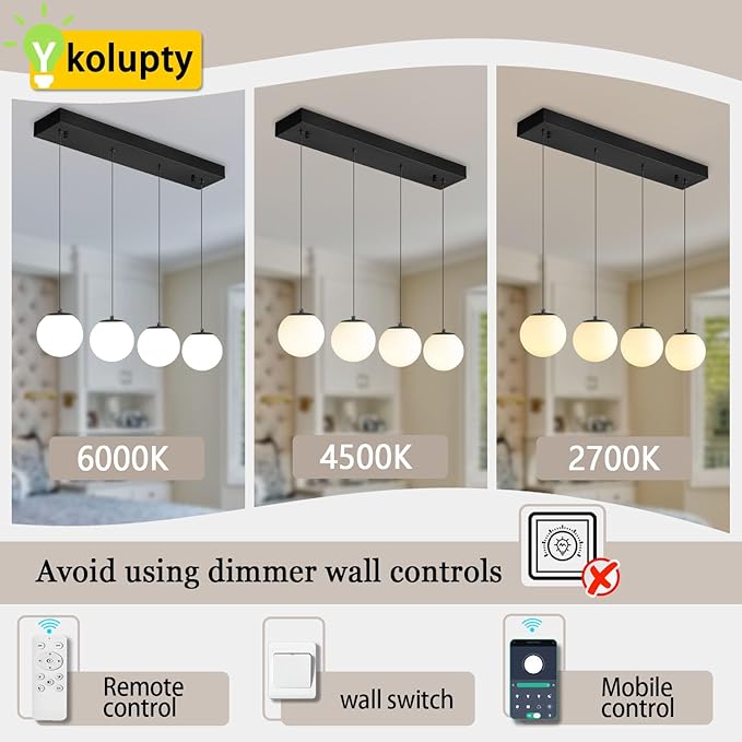 ykolupty Dining Room Light Fixture 4-Light Black Kitchen Island Lighting Globe Glass Chandeliers for Dining Room Over Table Pendant Light Fixture for Living Room Hallway Bedroom