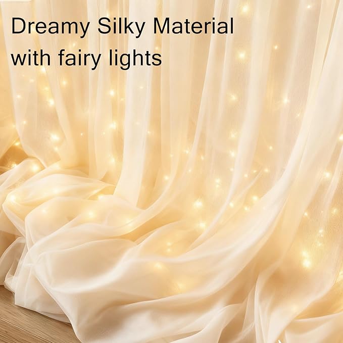 Ivory Tulle Backdrop Curtain with Lights Strings, Elegant Sheer Photo Backdrop Drapes 2 Panels, Soft Fabric Curtain for Weddings Brithday Baby Shower Parties Photography Background Decor,10ftx8ft