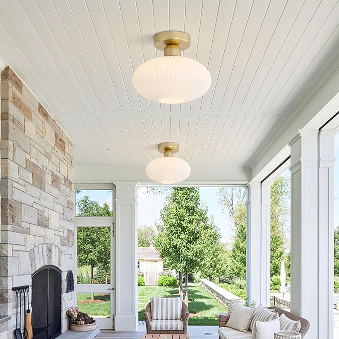KCO Lighting Antique Brass Flush Mount Ceiling Light Vintage Milk Glass Semi Flush Mount Ceiling Light Small Gold Schoolhouse Light Fixture (2 Pack)