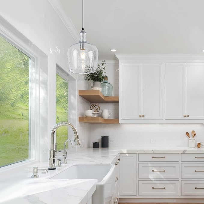 9.25”Chrome Hammered Glass Pendant Light Modern 1 Light Single Dome Pendent Lighting Fixtures for Kitchen Island Dining Room Hallway, UL Listed