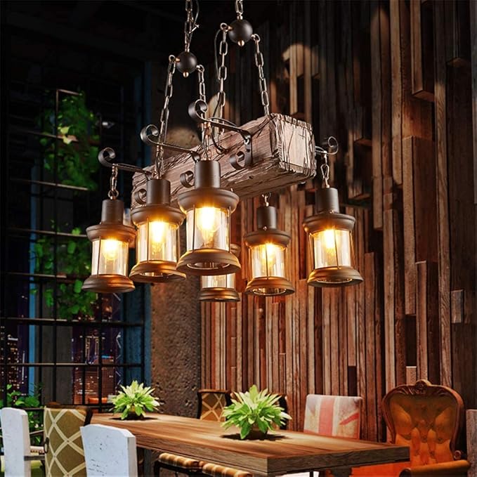 Wood Retro Vintage Pendant Lamp Industrial Metal Hanging Lamp Height Adjustable E27 6-Lights Retro Pendant Lamp Hanging Lamp Black for Kitchen Coffee Shop Dining Living Room Loft Rustic Ceiling