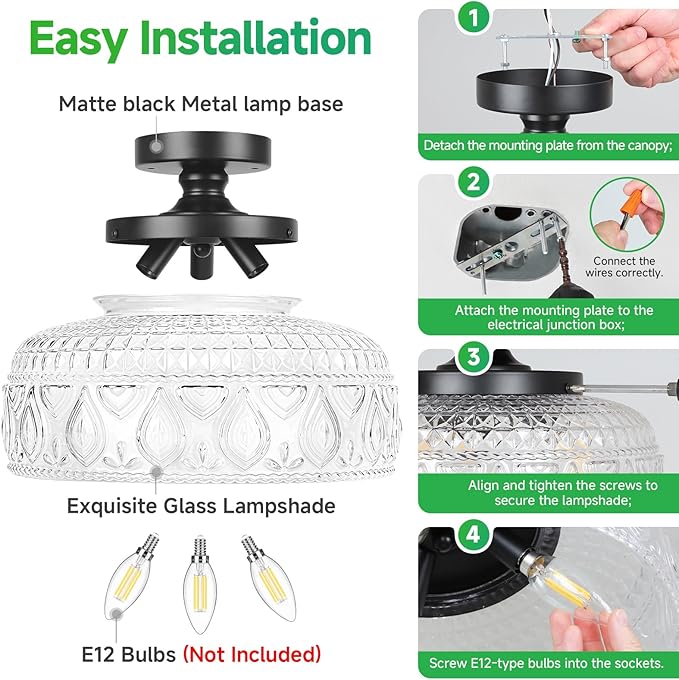 SunRider Semi Flush Mount Ceiling Light Fixture, Modern 3-Light Globe Glass Ceiling Light, Black Vintage Pendant Lamp for Kitchen Hallway Entryway, Bulbs Not Included