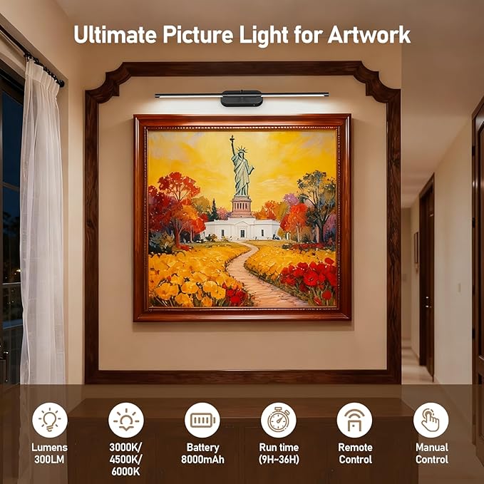 Glendan Wireless Picture Light for Wall: 24" Rechargeable Art Light with Remote & Timer, 8000mAh Battery Operated Poster Lights, 3 Color Modes & 3 Brightness Levels for Pictures, Gallery, Frame