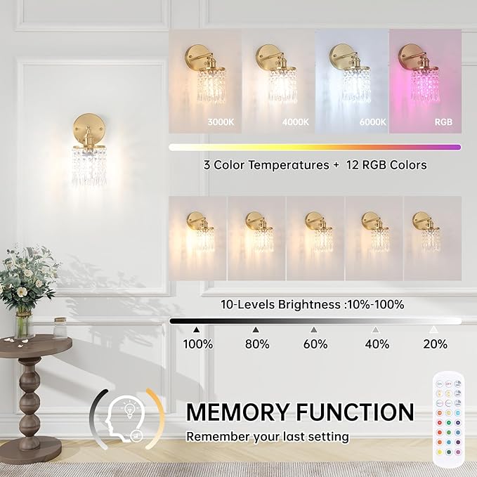 Shenmoyl Crystal Battery Operated Wall Sconce, Rechargeable Battery Powered Wall Lamp with Remote Control, Modern Dimmable Wireless Wall Lights Fixture for Bedroom Bathroom(Transparent, Gold Base)