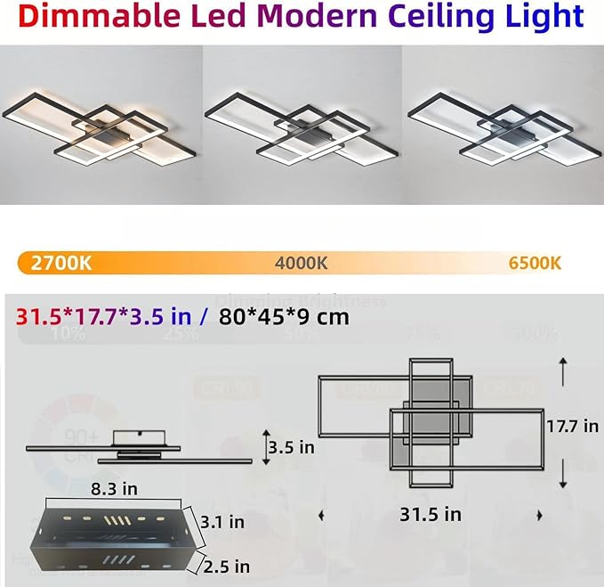 Flush Mount Modern LED Ceiling Light Fixture,With remote control Dimmable 3 Color Selectable Ceiling Lamp Ceiling Light for sitting room Kitchen Bedroom Hallway Porch (Black, 31.5*17.7*3.5 IN)