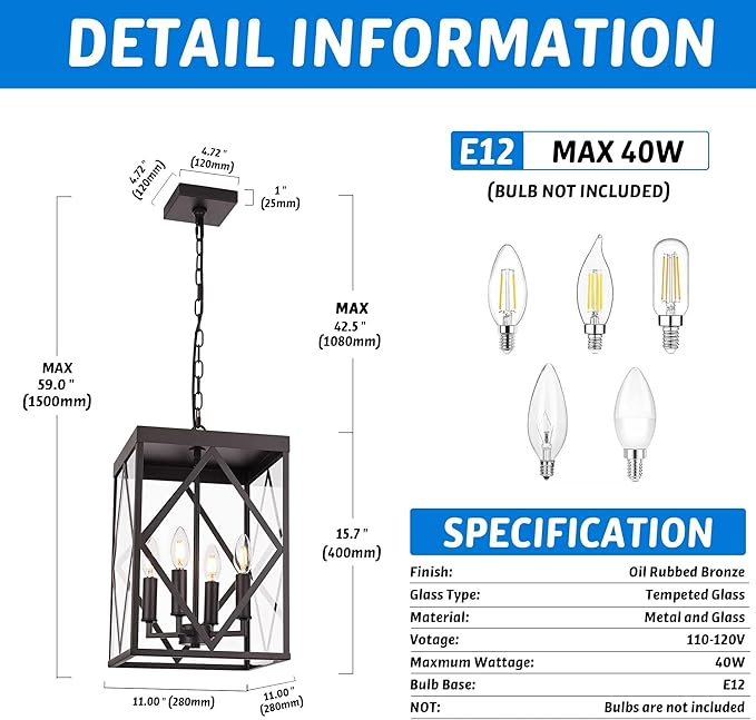 11" Outdoor Pendant Light Exterior Hanging Lantern, Farmhouse Oil Rubbed Brozne Outside Chandelier Light Fixture Ceiling Mount Hanging Porch Light with Clear Glass for Front Porch Entrance