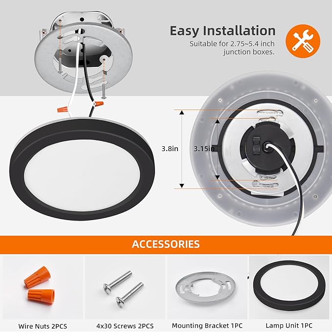 Hlite 7.5 Inch Flush Mount LED Ceiling Light with Night Light, CRI90, 15W, 1500 LM, 3000K/4000K/5000K Selectable, Flat Round LED Ceiling Light, Dimmable Bedroom Lights for Ceiling, Black(1Pack)