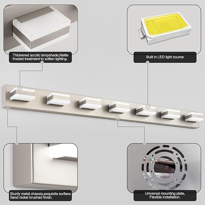 SOLFART Bathroom Vanity Lighting Over Mirror,7 Lights Brushed Nickel Vanity Light, Modern LED Light Fixtures,53 Inch for Bathroom
