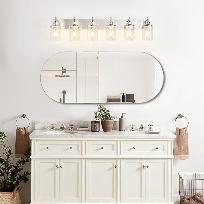Lanhall 6-Light Brushed Nickel Bathroom Light Fixture Over Mirror Modern Bathroom Vanity Light Vintage Wall Lighting with Clear Glass Shade for Bathroom, Bedroom, Hallway, Cabinet