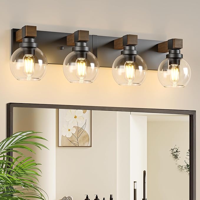 Farmhouse Bathroom Vanity Light Fixtures, 4-Light Wood Bathroom Light Fixtures Over Mirror, Rustic Vanity Lighting with Glass Shade for Living Room, Bedroom, Hallway