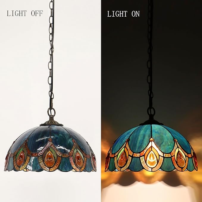 Tiffany Pendant Light Plug in Stained Glass Hanging lamp 12X12X181 Inch Hanging Lamp Living Room Bedroom Kitchen Dining Room Office（Peacock Crystal Style