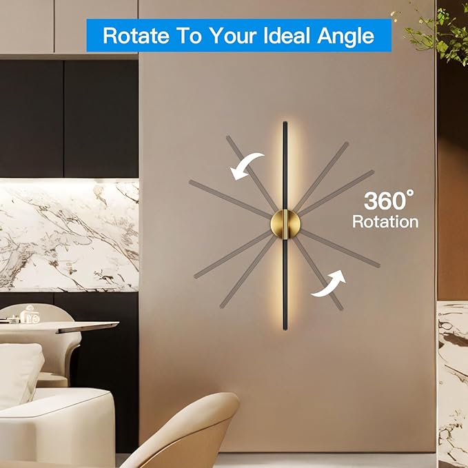 Battery Operated Wall Sconces Set of Two, 360°Rotate Wireless Wall Sconces with Remote Control Dimmable Timing, Black Gold Rechargeable Modern Decor Lights for Hallway Living Room, 31.5 Inch