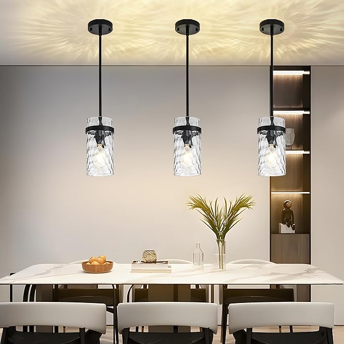 3 Pack Black Pendant Lights Kitchen Island, Hammered Glass Pendant Lighting Over Island, Kitchen Hanging Light Fixtures Pendant Light Over Sink for Kitchen Entryway Foyer Dining Room
