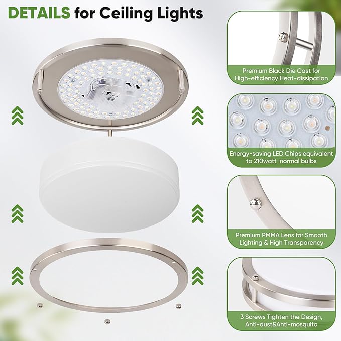TOBUSA 2-Pack 10inch Bathroom Light Fixtures Ceiling Mount, 30W 3600lm Super Bright LED 2700K/3000K/4000K/5000K/6500K Adjustable Dimmable Kitchen Hall Ceiling Lamps, Brushed Nickle