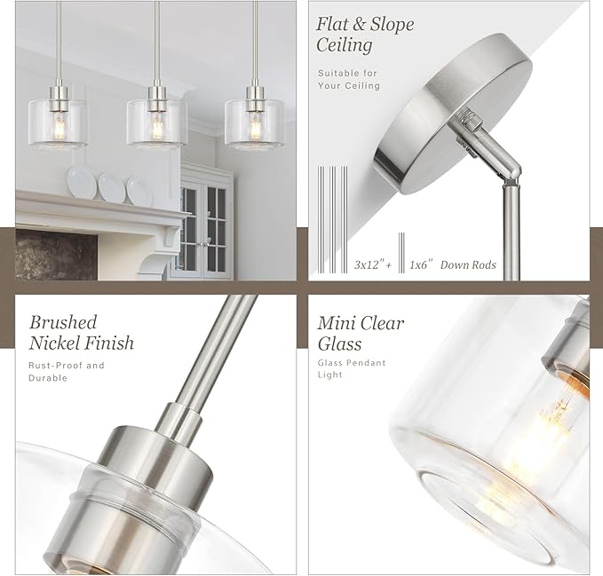 Brushed Nickel Pendant Lights Kitchen Island 2 Pack, Modern Clear Glass Hanging Light Fixtures with Rods, Mini Kitchen Pendant Lighting Over Island for Sink Bathroom, OS-YQ8153-2PBNC