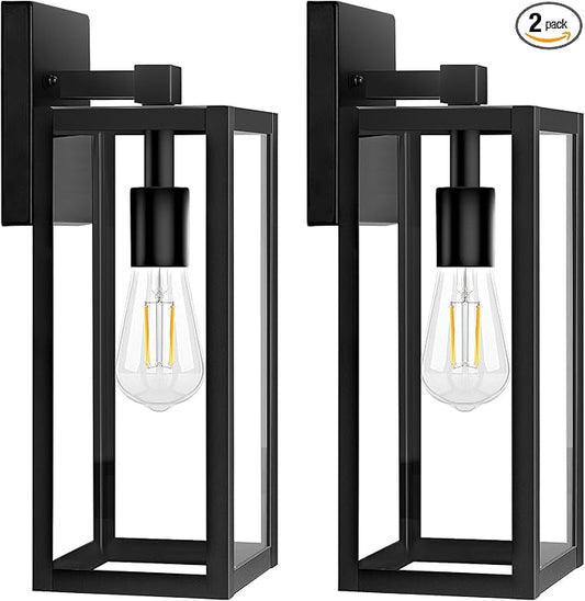 Brightever 2-Pack Outdoor Wall Light, Exterior Waterproof Wall Sconce Light Fixtures, 15" Black Outdoor Wall Lamp with Clear Glass for House, Porch, Front Door, Garage, Patio, Bulbs Not Included