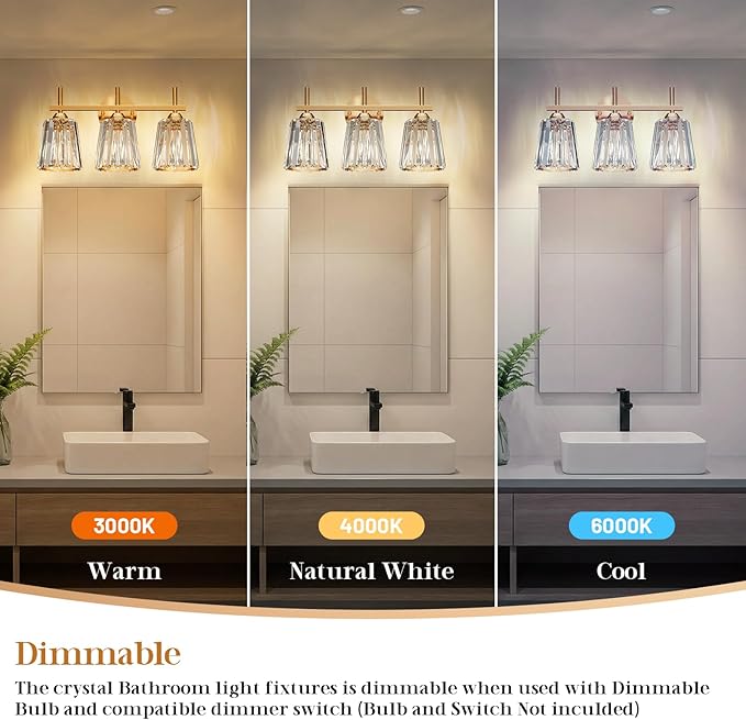 Crystal Bathroom Light Fixtures Over Mirror, Gold 3-Light Bathroom Vanity Lights Over Mirror Modern Wall Lighting Sconces with Ceramic E26 Base (Bulbs Not Include)